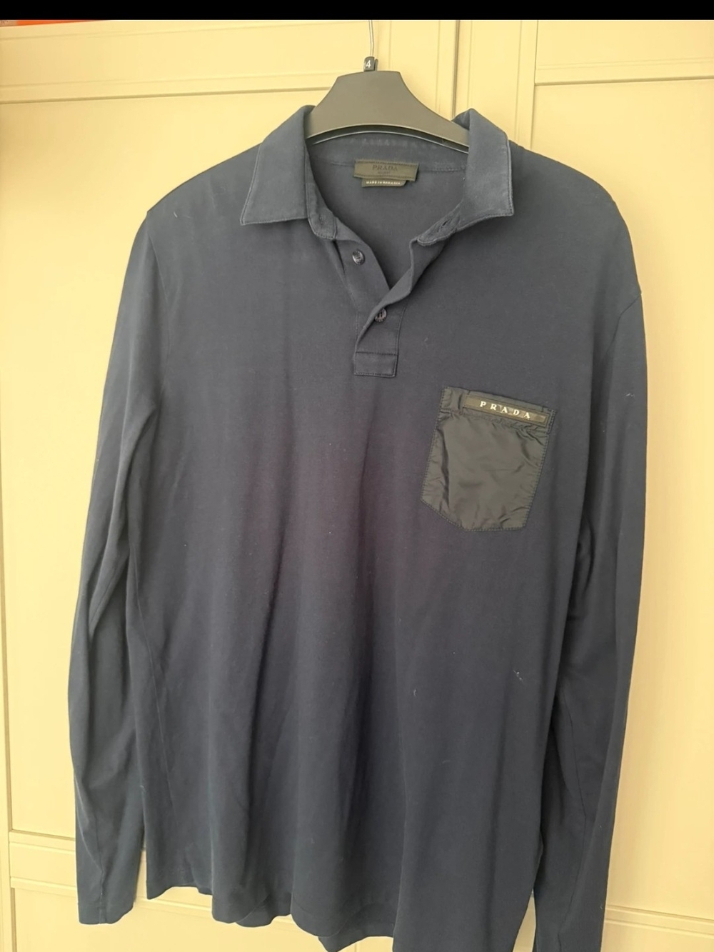 Prada Navy Long Sleeve Polo with Contrast Pocket